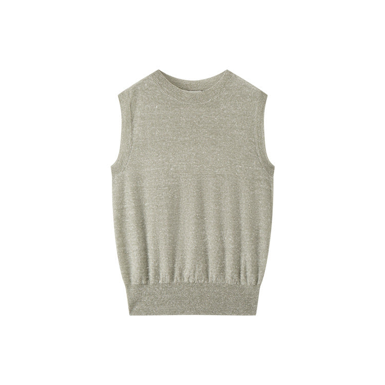 Elegant sleeveless pullover with round neckline, made from high-quality wool and linen knit fabric