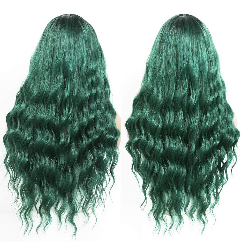 Foreign trade new wig European and American women's fashionable synthetic head cover green medium split long curly hair water ripple manufacturer
