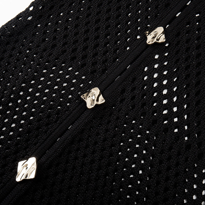 Beach resort knit dress with thin straps, black V-neckline, sleeveless, and buttons