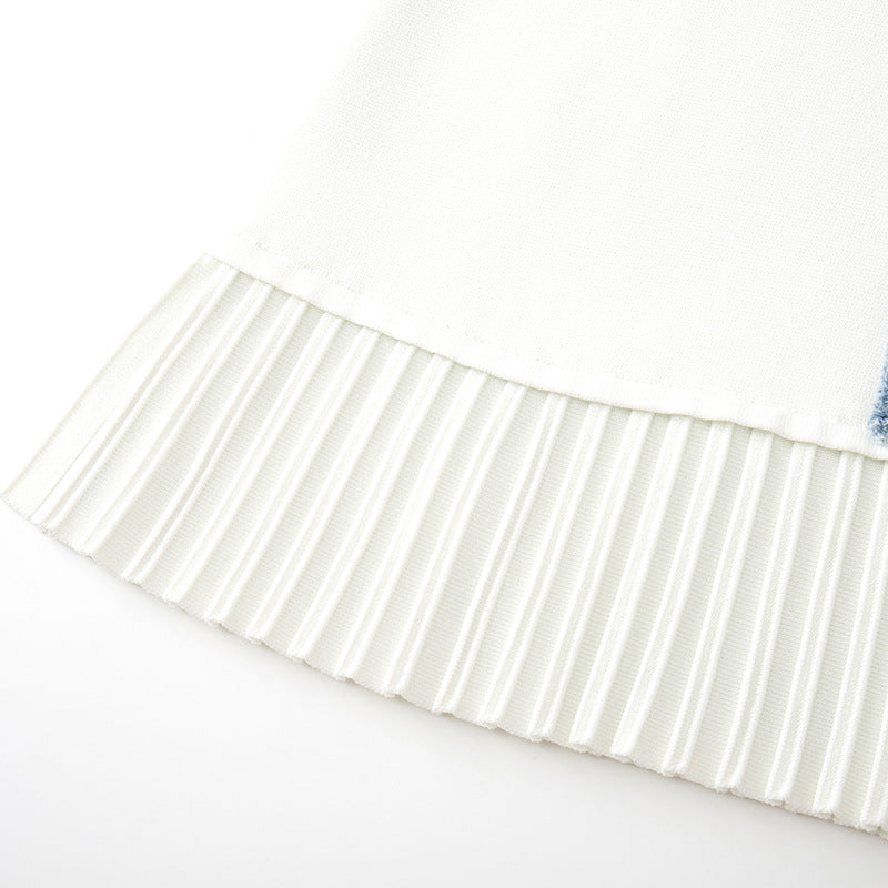 Elegant midi knit dress with round neckline, sleeveless, buttons, and pleats, high quality