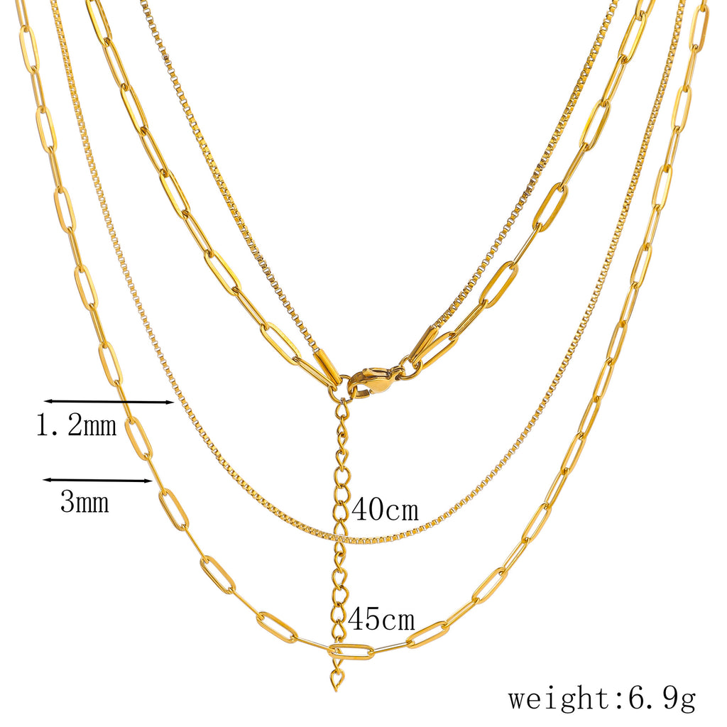 Cross border stainless steel double-layer layered necklace, paperclip chain, necklace box chain, collarbone chain, titanium steel necklace from Europe and America