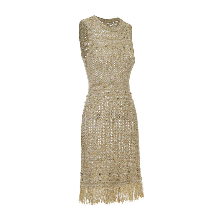 Knitted dress with round neckline and open fringe details, sleeveless miniskirt