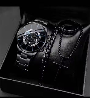 Men's 4-piece luxury stainless steel quartz watch with calendar, gold cross necklace, bracelet and ring