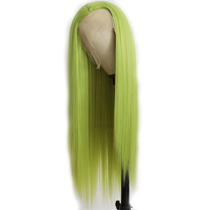 Amazon Cross border European and American Fashion Front Lace Wig Green Medium Split Long Straight Hair African Hot Selling Synthetic Headset