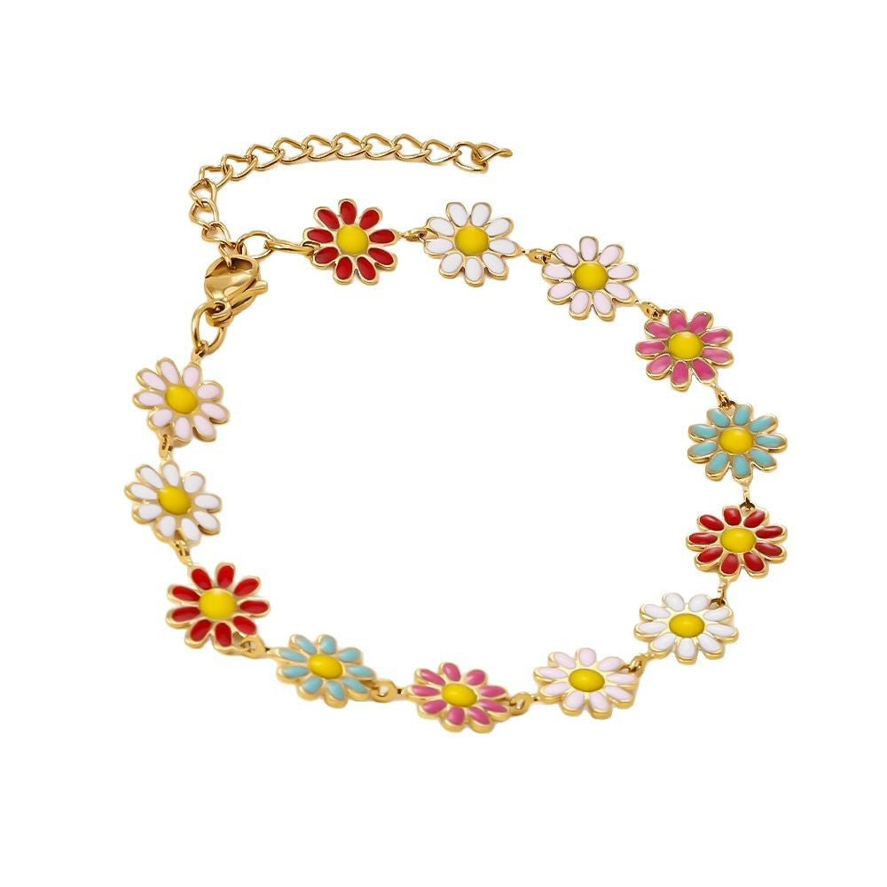 Stainless steel colorful sunflower bracelet cross-border daisy drip oil adjustable high-end feeling plated 18K gold titanium steel bracelet