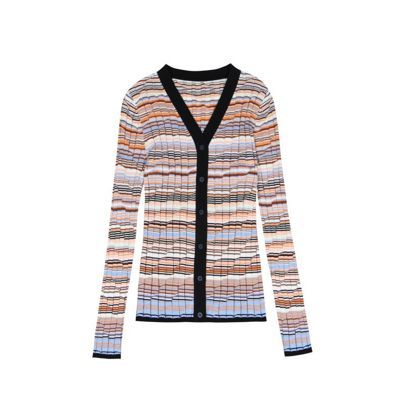 Stylish Italian fashion cardigan with V-neck, long sleeves, and stripes, made from Tencel cotton