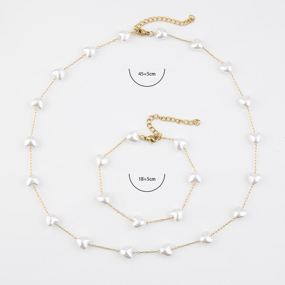 European and American fashion trends, sweet peach heart pearl bracelet accessories, personalized geometric love pearl necklace for women