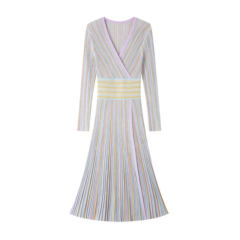 Elegant knit dress with V-neckline, long sleeves, mid-length, gold thread, and high-quality horizontal stripes