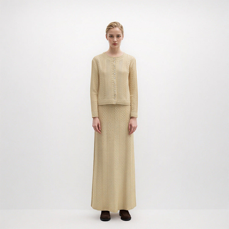 Knitted set with round neckline, long sleeves, buttons and drawstring, and high-quality long skirt