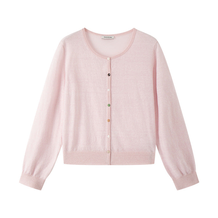 Lightweight knit jacket with a round neckline, long sleeves, and simple buttons, made from a high-quality wool and linen blend