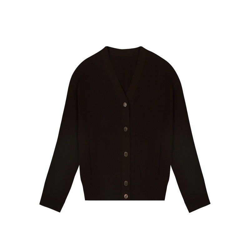High-quality cashmere wool cardigan with V-neck, long sleeves, and simple buttons