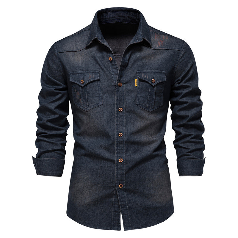 Men's Casual Solid Color Long Sleeve Denim Shirt Non-Ironing