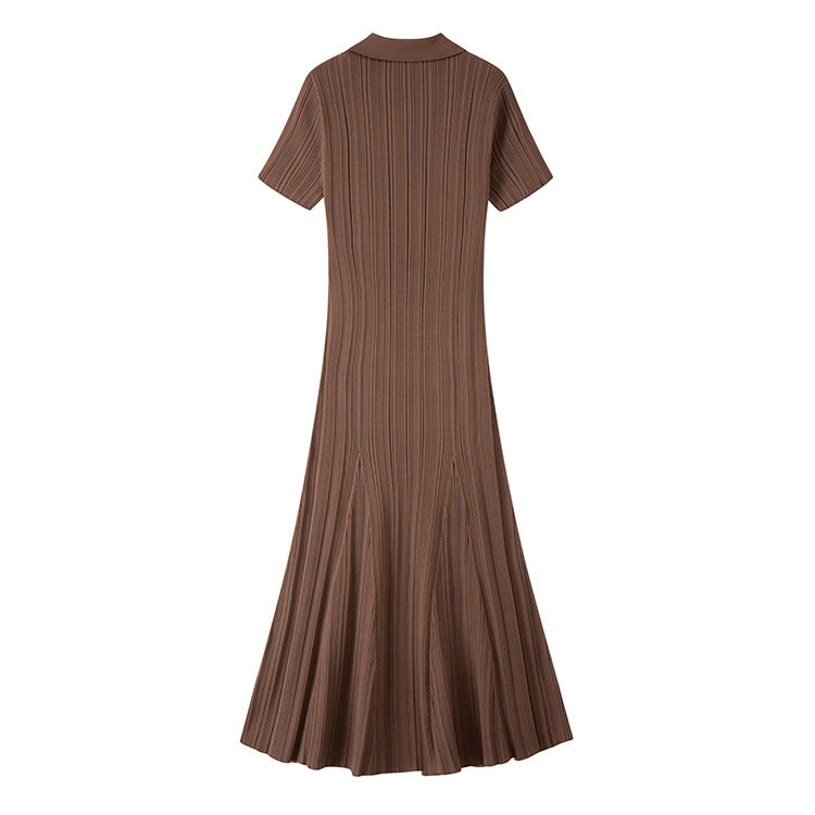 Elegant dark brown Chanel-style dress with a V-neckline and short sleeves for everyday wear