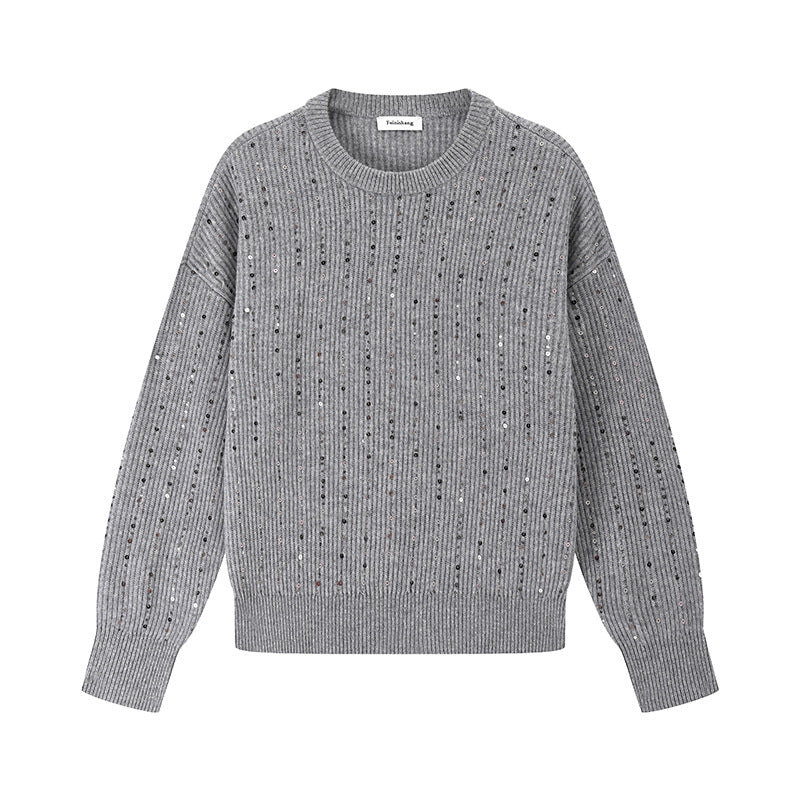 Elegant round-neck sweater, long sleeves, wool knit with pearls, pullover