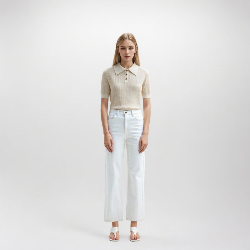 Elegant and sophisticated short-sleeved shirt with polo collar, made from high-quality Tencel