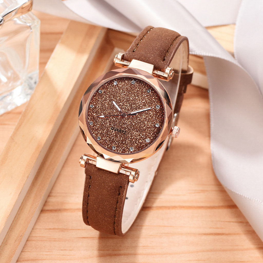 Hot selling silver powder rhinestone face women's watch with frosted leather strap for women's casual trend two-piece set watch