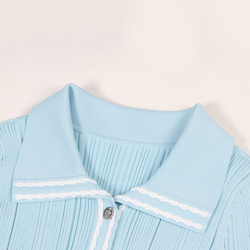 Elegant light blue knit dress with collar, short sleeves, A-line cut, fitted waist, and buttons, high quality