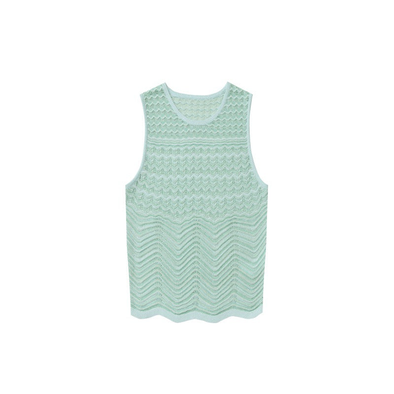 Set of French tank top with wavy stripes and high-quality high-waisted knit skirt