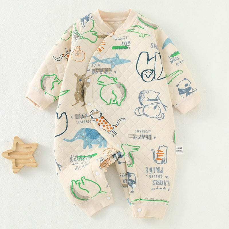 Baby three-layer warm jumpsuit newborn clothes pure cotton A-class baby autumn and winter warm clothes jumpsuit crawling clothes