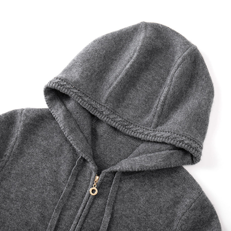 Stylish gray cardigan with hood and long sleeves made from cashmere wool