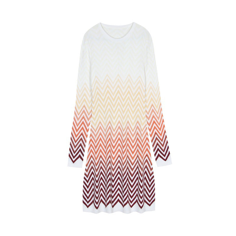 Elegant, high-quality Italian fashion dress with a round neckline, long sleeves, A-line cut, and wavy stripes, made from knitted fabric