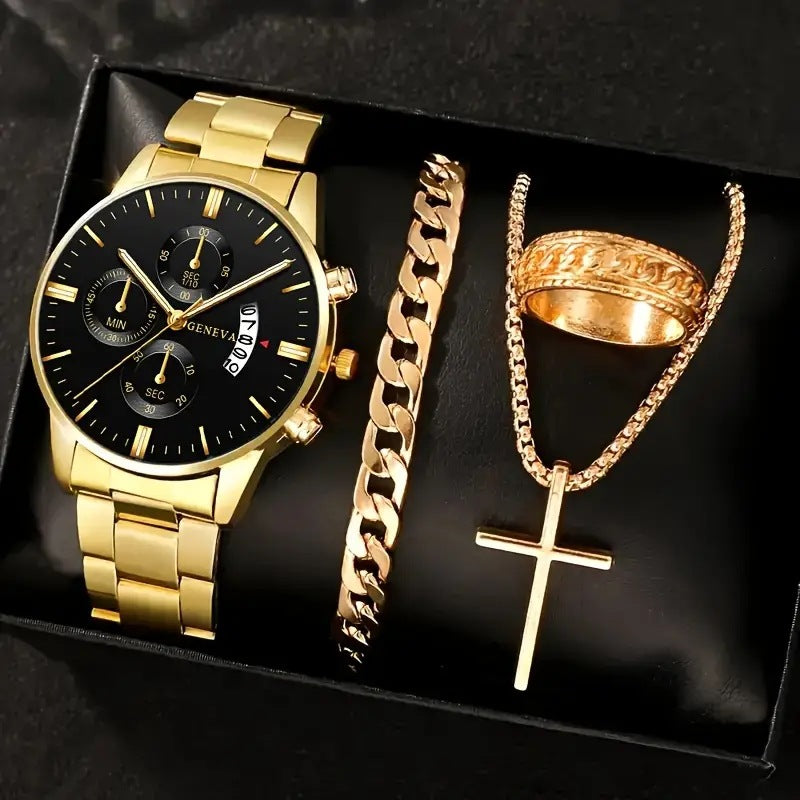 Men's 4-piece luxury stainless steel quartz watch with calendar, gold cross necklace, bracelet and ring