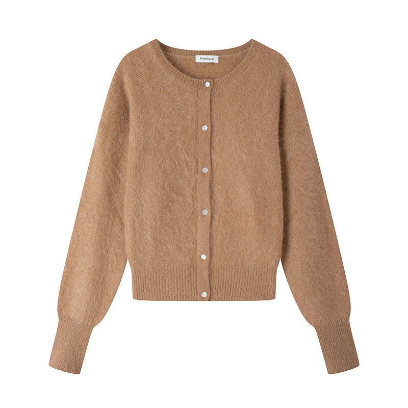 Elegant cardigan with round neckline, long sleeves, simple buttons, wool and cashmere knit