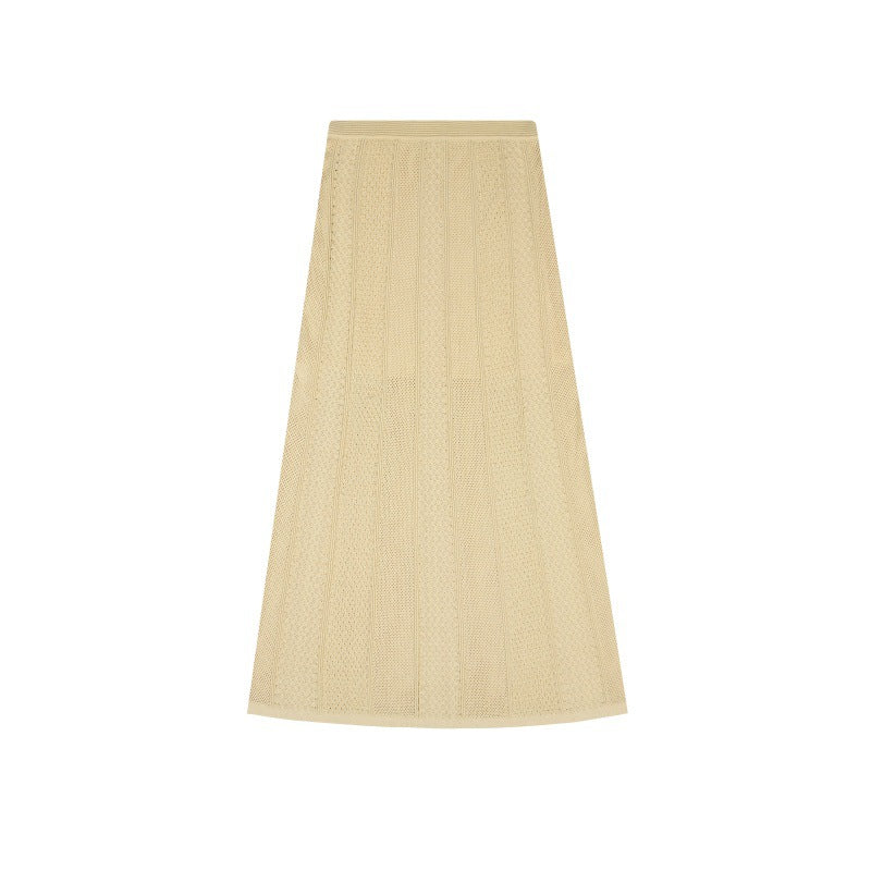 Knitted set with round neckline, long sleeves, buttons and drawstring, and high-quality long skirt