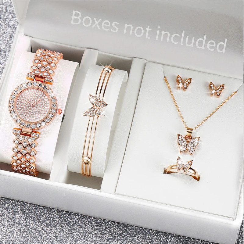 6PCS/Fashion rhinestone women's quartz watch steel strap bracelet watch jewelry set