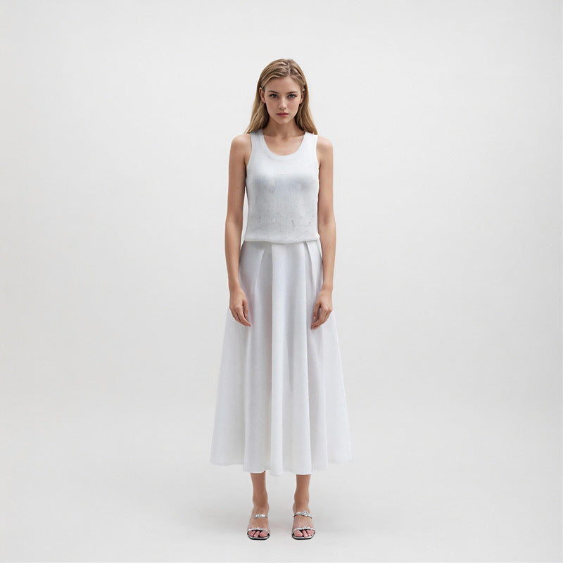 White JORYA vest with round neckline and bead embroidery, made of high-quality Tencel knit fabric
