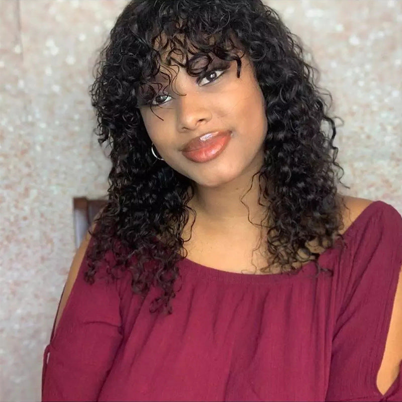 European and American wig cross-border fashion wig with bangs, hand tube wrapped tube, small curly hair, African headband wig, women's synthetic fiber wig