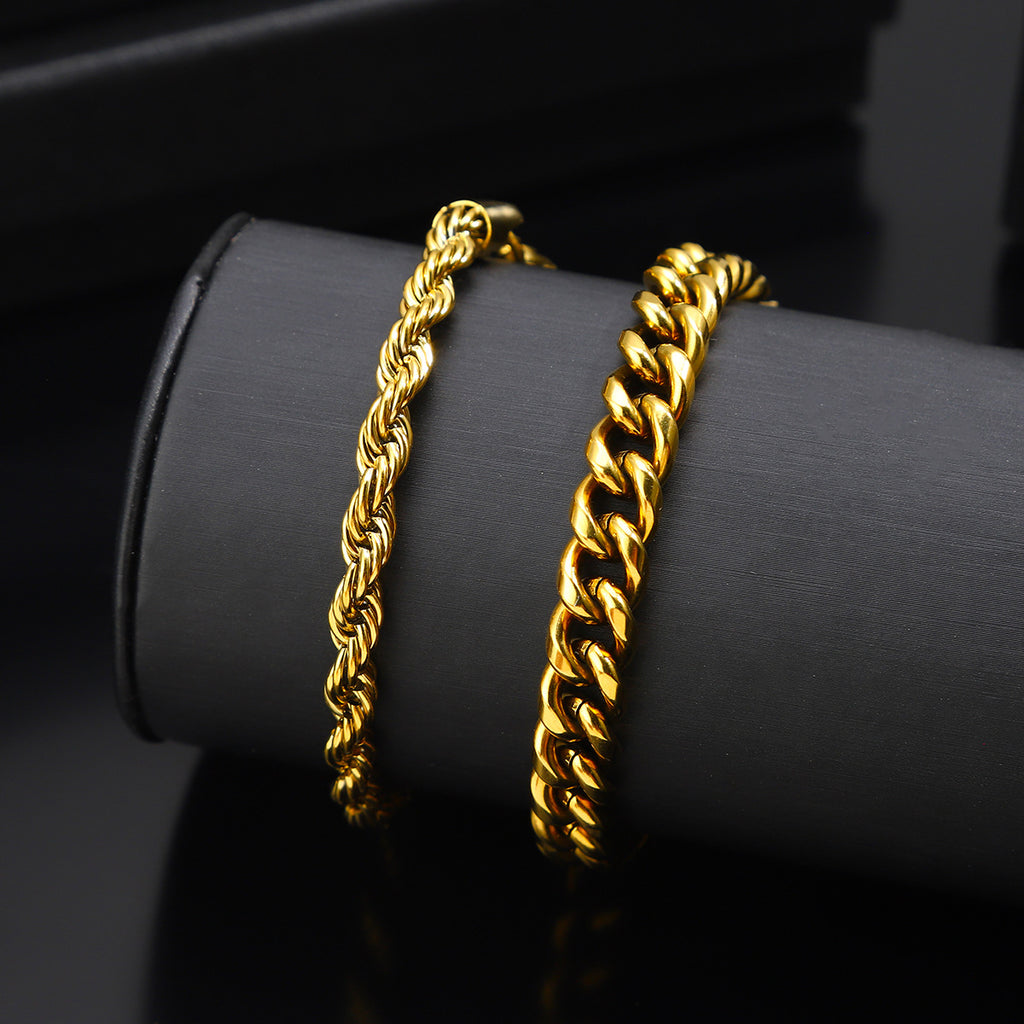 Men's Fried Dough Twists Bracelet Set Cross border Hot Hip Hop Fashion Cuban Chain Fade resistant Washable Titanium Steel Bracelet