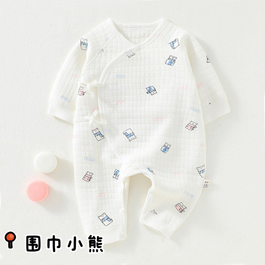 Newborn three-layer warm jumpsuit for autumn and winter, thickened initial baby clothes, pure cotton A-class baby clothes, butterfly clothes