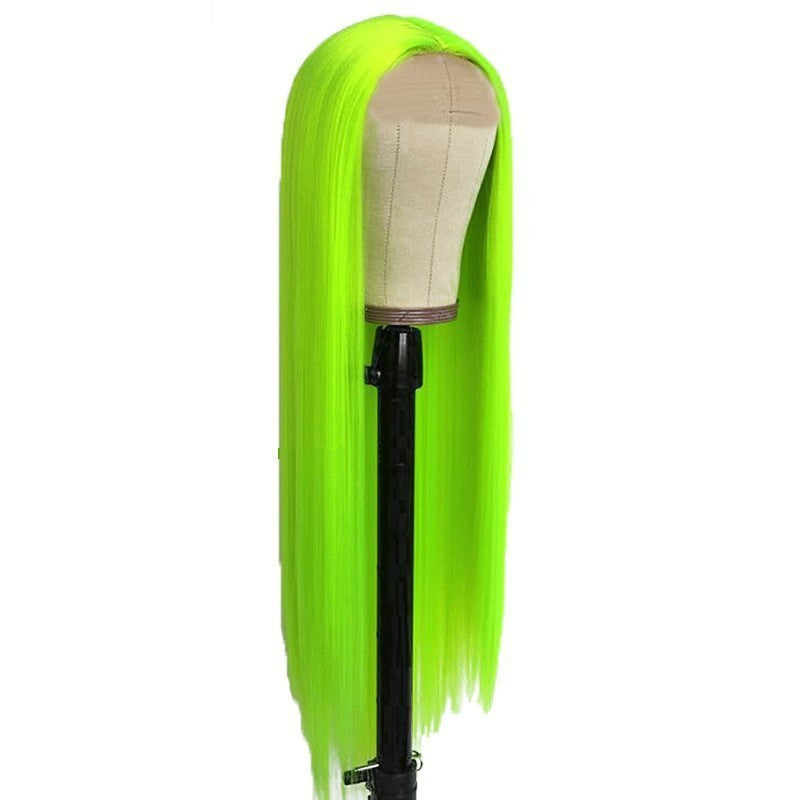 Amazon Cross border European and American Fashion Front Lace Wig Green Medium Split Long Straight Hair African Hot Selling Synthetic Headset