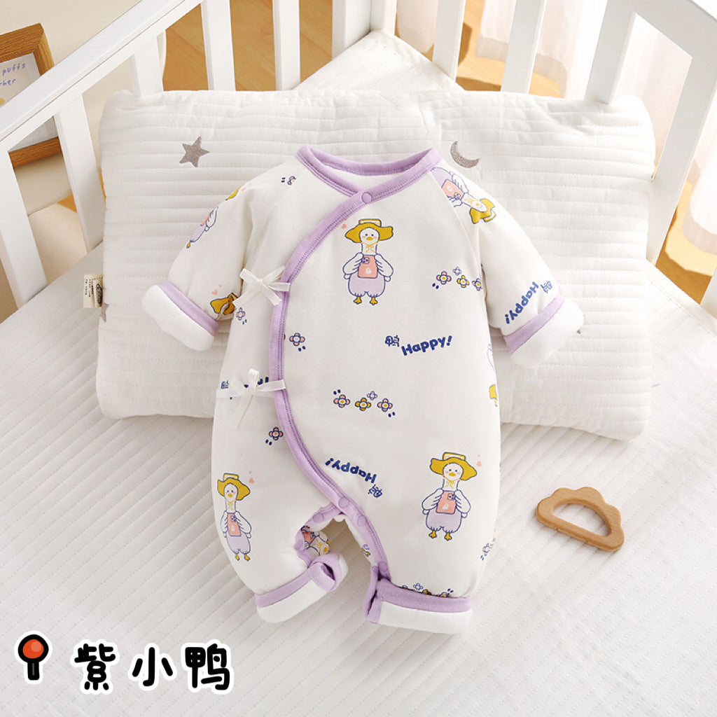 Winter baby lace up jumpsuit warm newborn clothes 0-3 baby pure cotton thick clip cotton clothes butterfly clothes