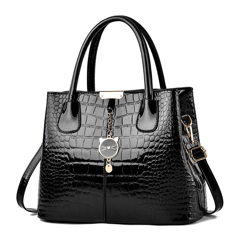 Foreign Trade Women's Bag 2025 New Texture Bright Leather Crocodile Pattern Large Capacity Handbag Trendy Fashion Western Mom Bag