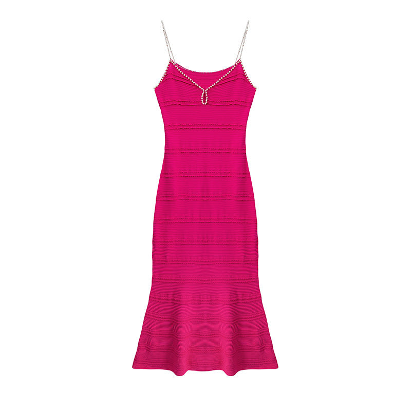 Elegant midi dress in knit fabric, with V-neckline, sleeveless, and high-quality bead embroidery