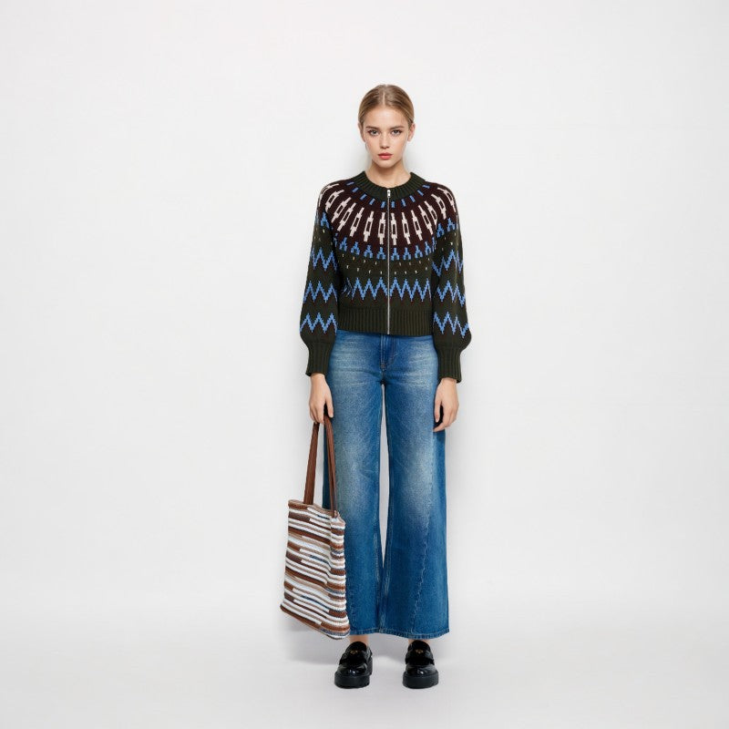 Stylish wool sweater with colorful polka dots and high-quality Fair Isle snowflake pattern