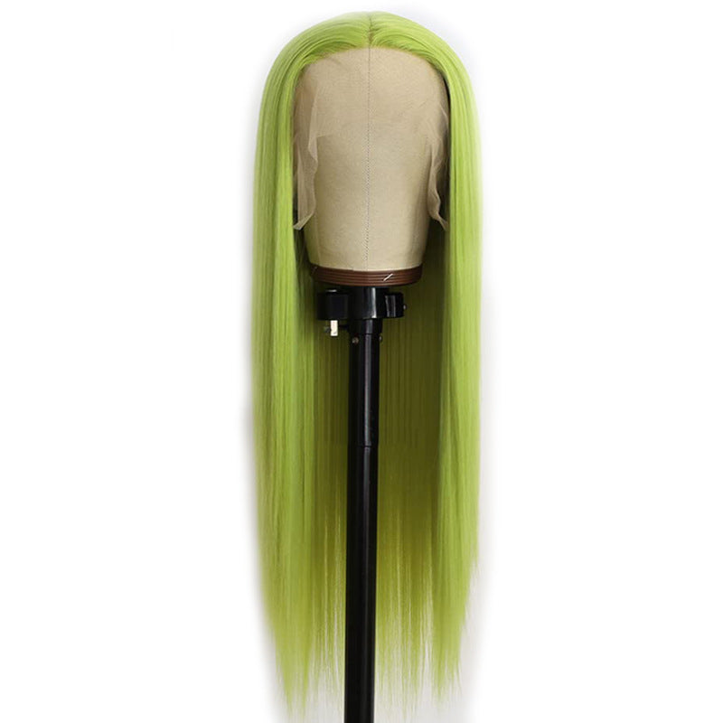 Amazon Cross border European and American Fashion Front Lace Wig Green Medium Split Long Straight Hair African Hot Selling Synthetic Headset