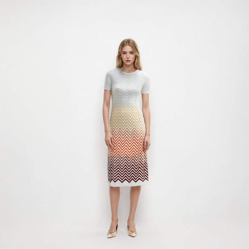 White Italian fashion dress with round neckline, short sleeves, mid-length, and wavy stripes in knit fabric