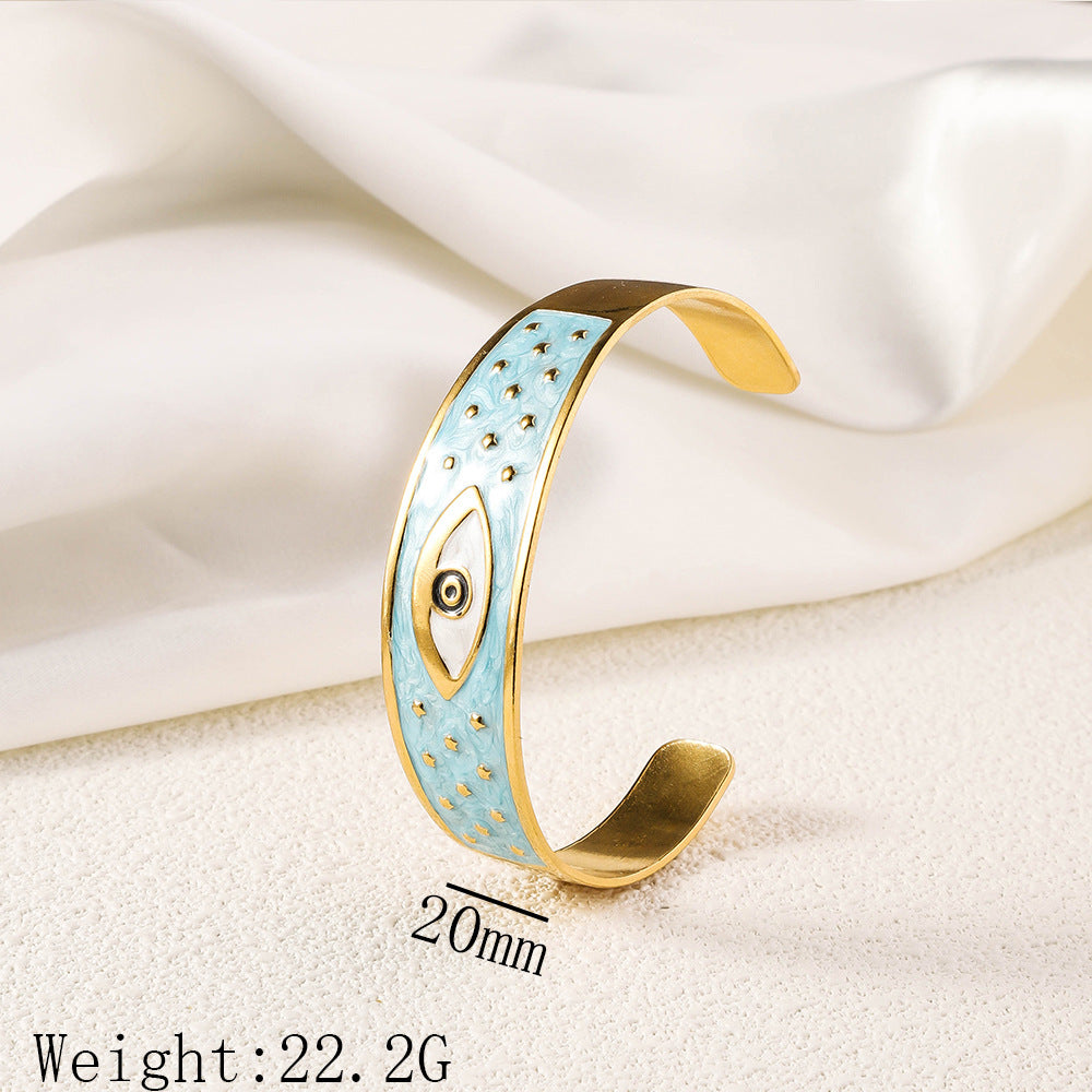 Cross border new stainless steel oil pressure painted open bracelet, exaggerated European and American women's plated 18K gold adjustable bracelet