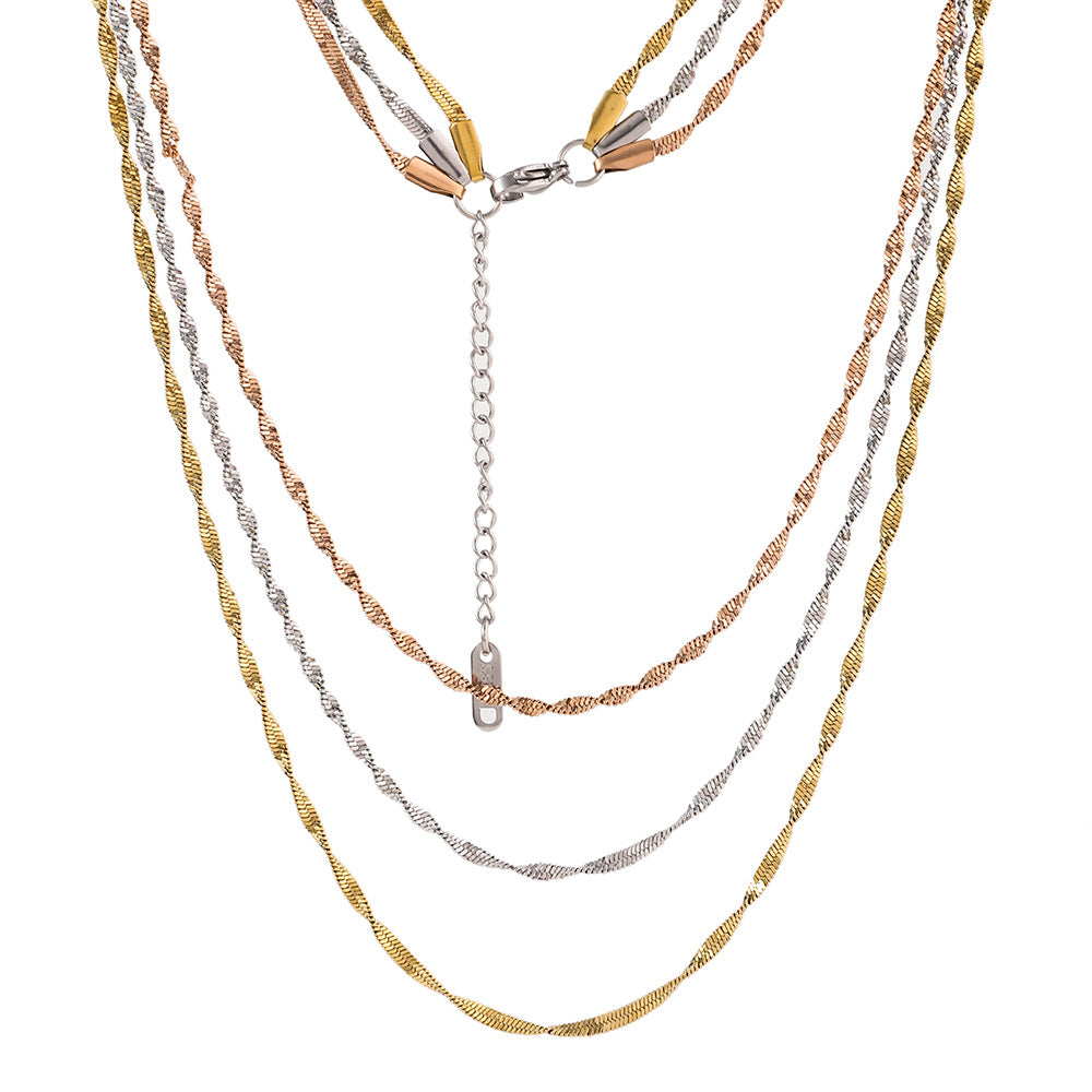Stainless steel three-layer twisted push dense layered necklace for women, versatile plated 18K real gold lock bone chain ins titanium steel snake bone chain
