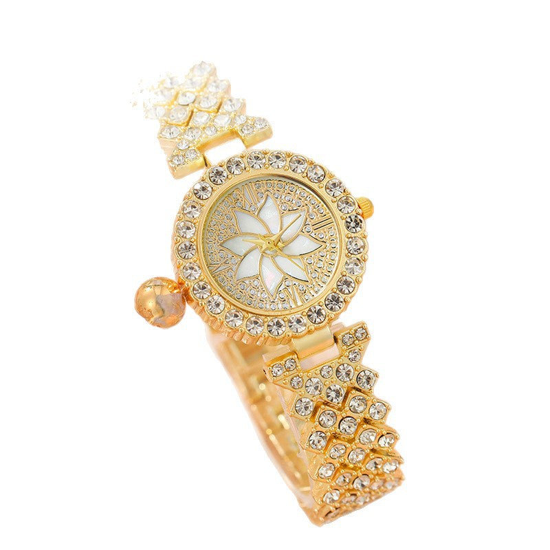 Cross border hot selling women's luxury full diamond compact five piece accessory set gift box versatile fashion quartz wrist watch