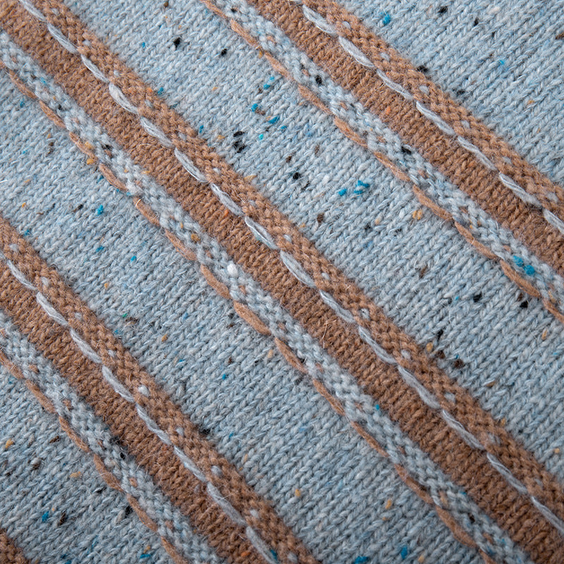 High-quality, stylish sweater with a round neckline, long sleeves, wool and mohair knit, striped, loose-fitting, and comfortable