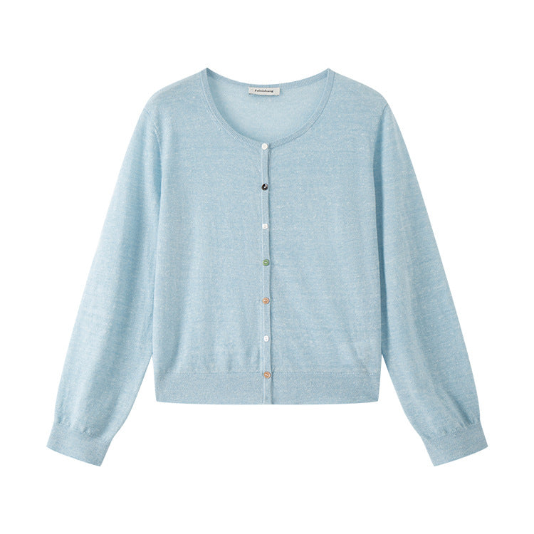 Lightweight knit jacket with a round neckline, long sleeves, and simple buttons, made from a high-quality wool and linen blend