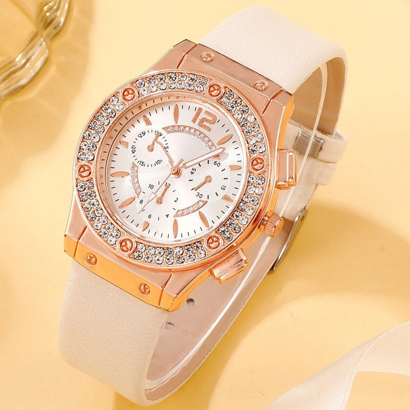 Cross border Korean version diamond studded fashionable PU watch strap watch simple watch bracelet two-piece set wholesale watch women's trend