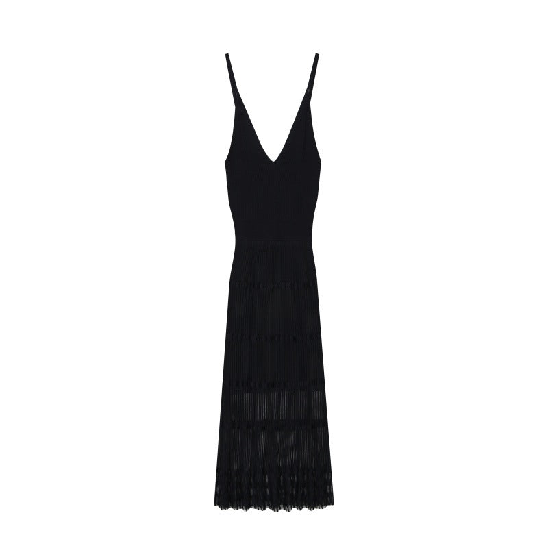High-quality elegant dress, black, V-neck, sleeveless, with cutout at the neckline and mid-length, in knit fabric