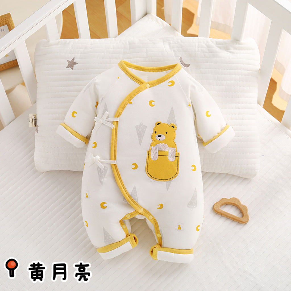 Winter baby lace up jumpsuit warm newborn clothes 0-3 baby pure cotton thick clip cotton clothes butterfly clothes