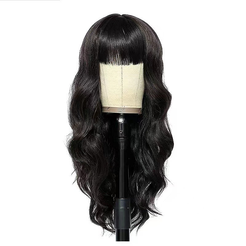 European and American women's new wig long wave wig with bangs, black synthetic long curly hair headband, factory stock