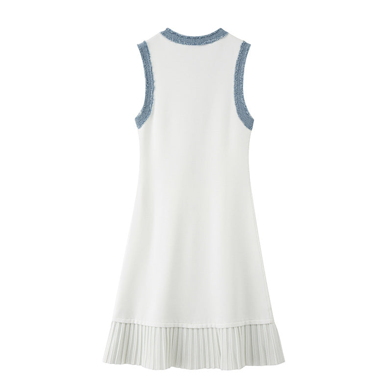 Elegant midi knit dress with round neckline, sleeveless, buttons, and pleats, high quality